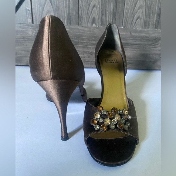 Stuart Weitzman brown satin "Blarneystone" d'orsay heels with stones EUC, sz 9.5 - Picture 4 of 7